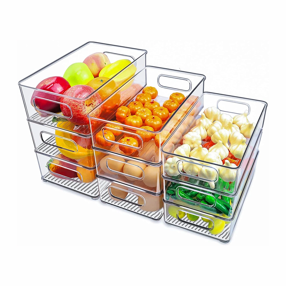 Stackable Refrigerator Organizer Bin Clear Kitchen Organizer Container Bins with Handles for Pantry, Cabinets, Shelves, Drawer
