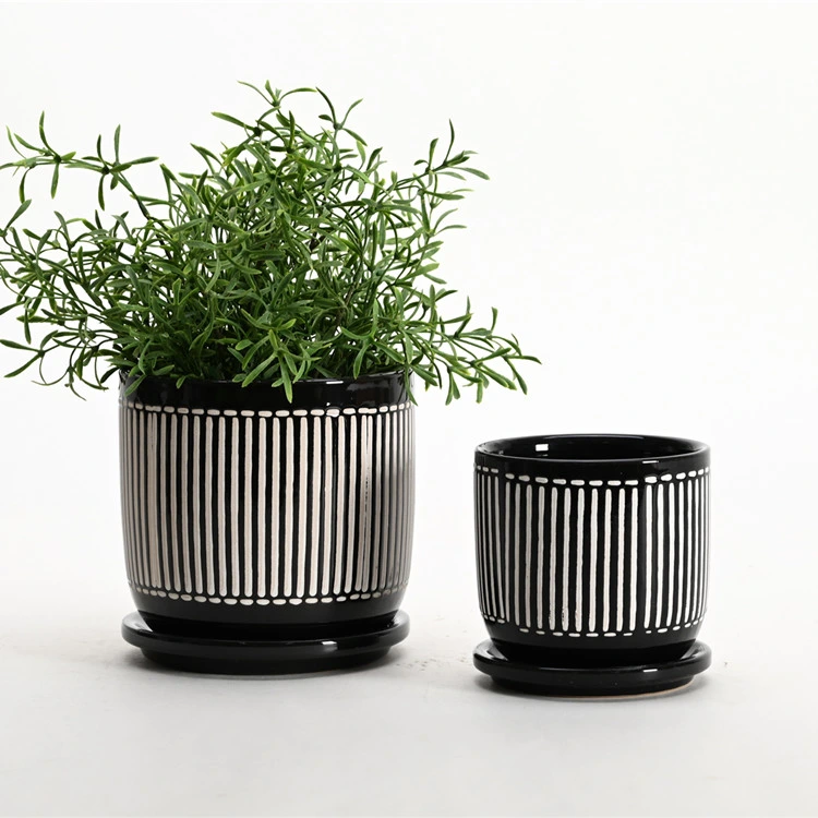 Classic Indoor Ceramic Planter Pot Modern Plant Pots with Wooden Stand